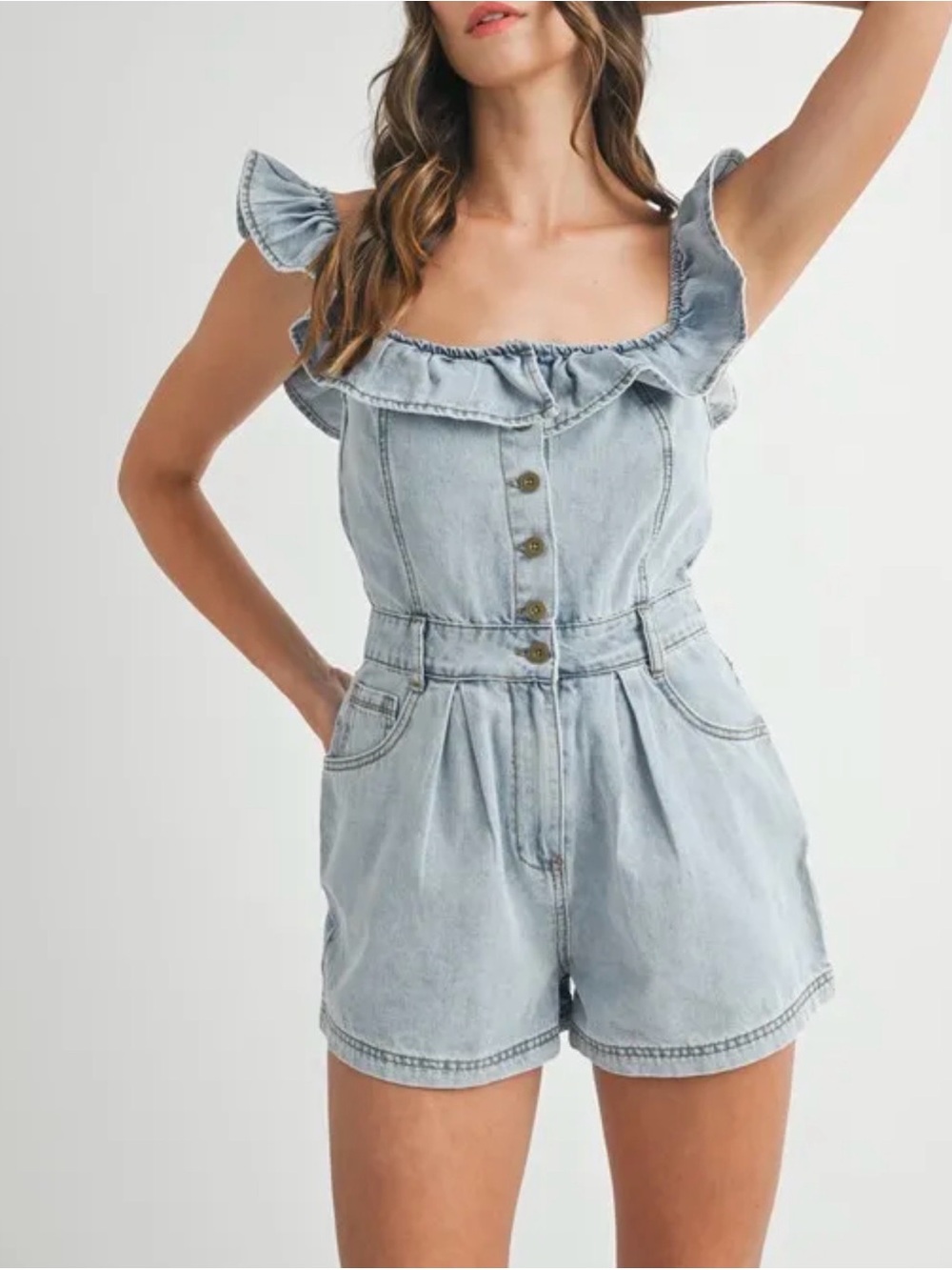 MABLE Light Blue Denim Ruffle-Strap Women's Overall Romper